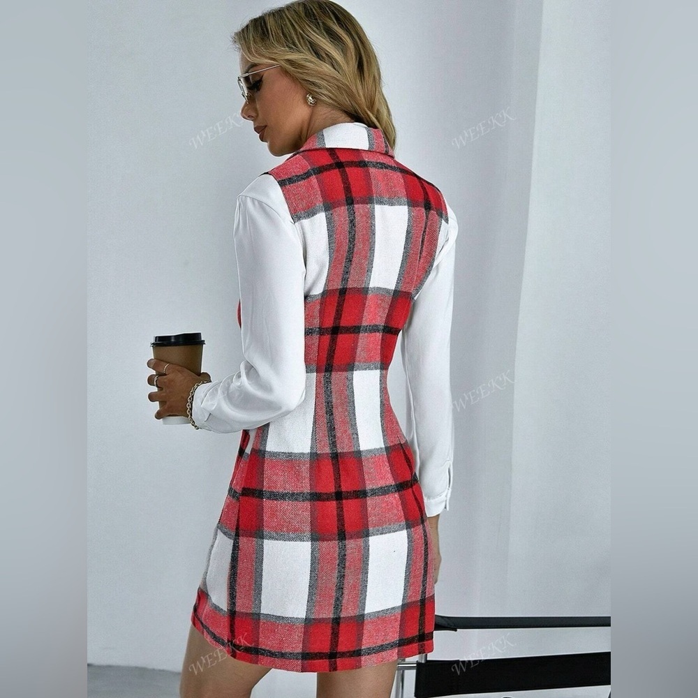 Plaid Double-Breasted Sleeveless Blazer Dress - Picture 3 of 14